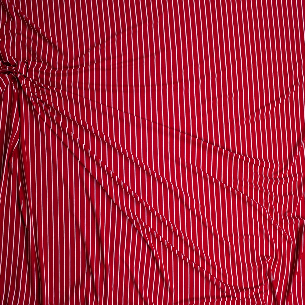 White on Red Vertical Stripe Double Brushed Poly/Spandex Fabric By The Yard - Wide shot