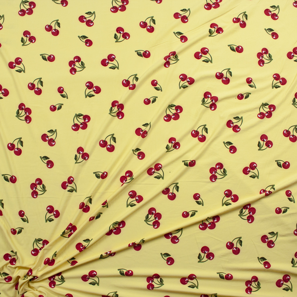 Cherries on Light Yellow Double Brushed Poly/Spandex Fabric By The Yard - Wide shot