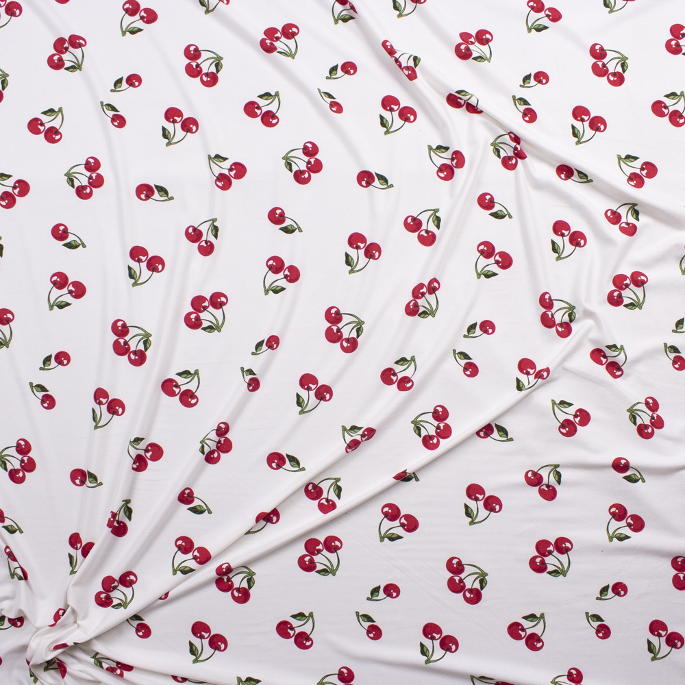 Cherries on Offwhite Double Brushed Poly/Spandex Fabric By The Yard - Wide shot