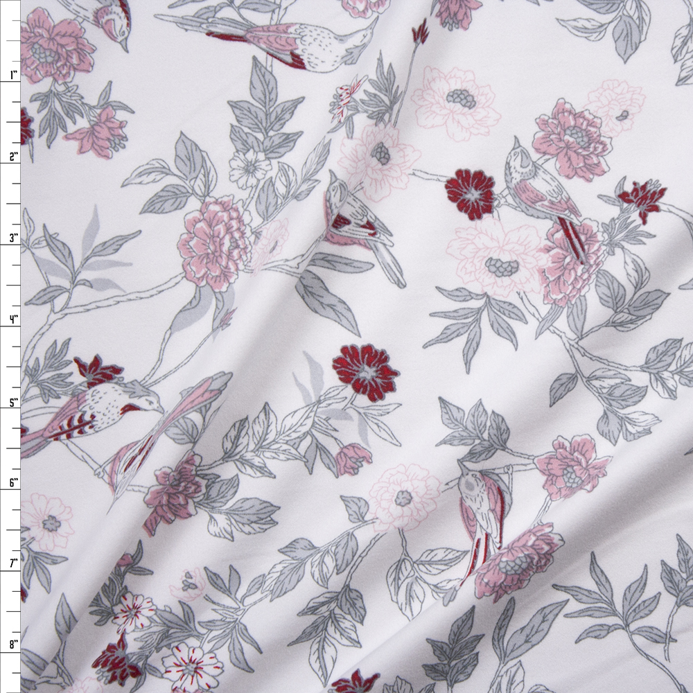 Light Grey, Pink, and Wine Birds and Flowers on White Double Brushed Poly/Spandex Fabric By The Yard