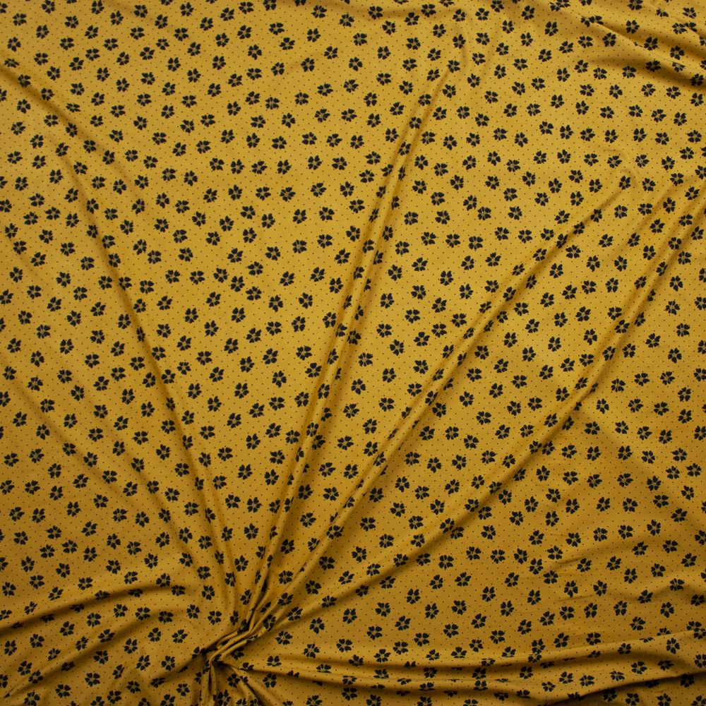 Black Dots and Flowers on Mustard Double Brushed Poly/Spandex Fabric By The Yard - Wide shot