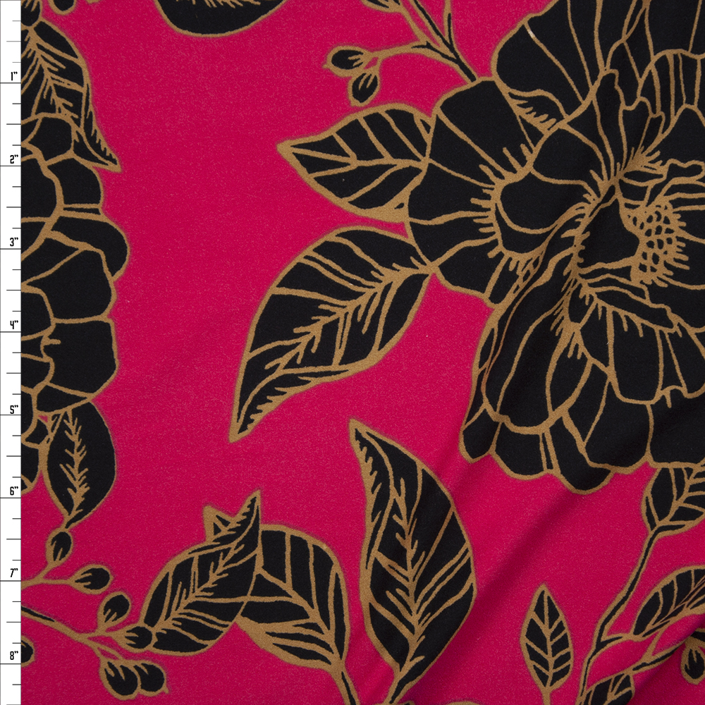 Black and Tan Floral on Hot Pink Double Brushed Poly/Spandex Fabric By The Yard