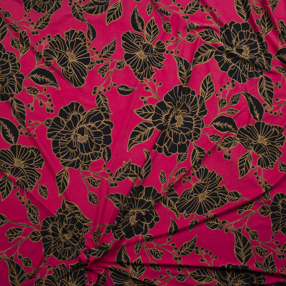 Black and Tan Floral on Hot Pink Double Brushed Poly/Spandex Fabric By The Yard - Wide shot