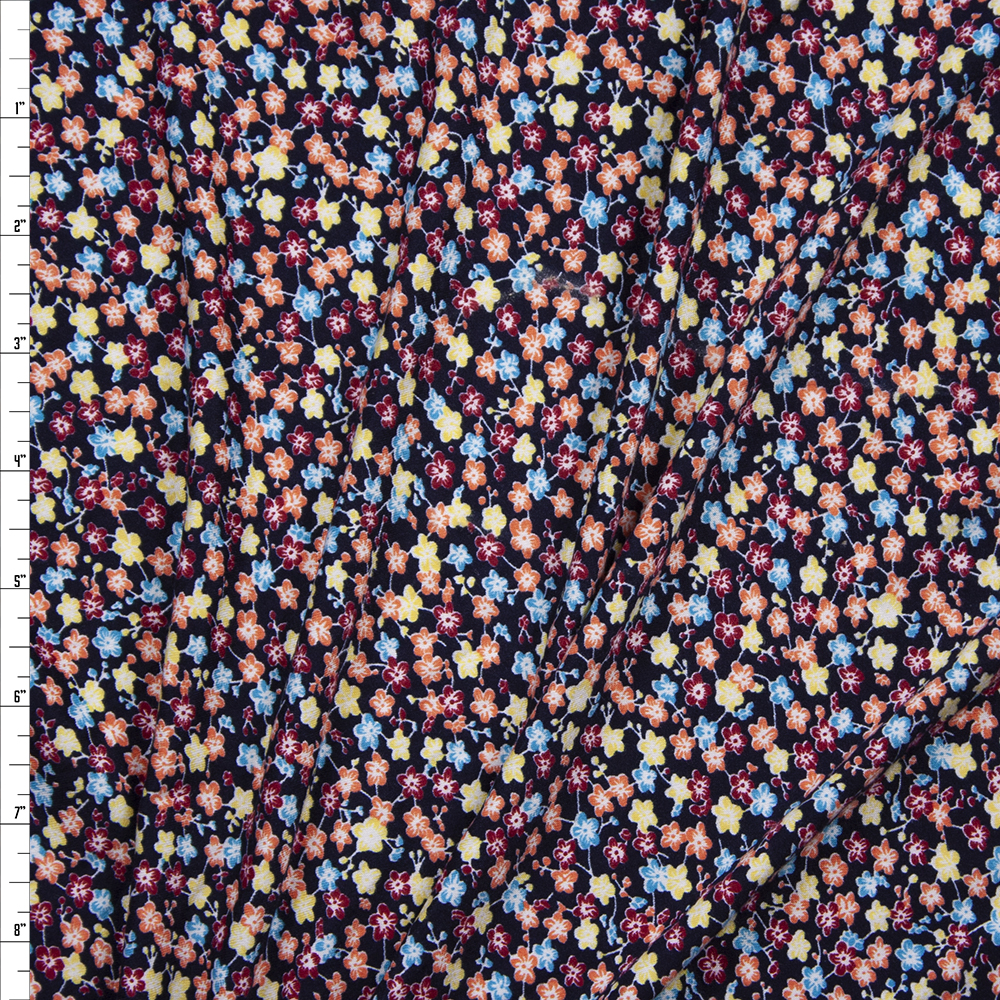 Yellow, Orange, Slate, and Wine Mini Floral on Black Double Brushed Poly/Spandex Fabric By The Yard