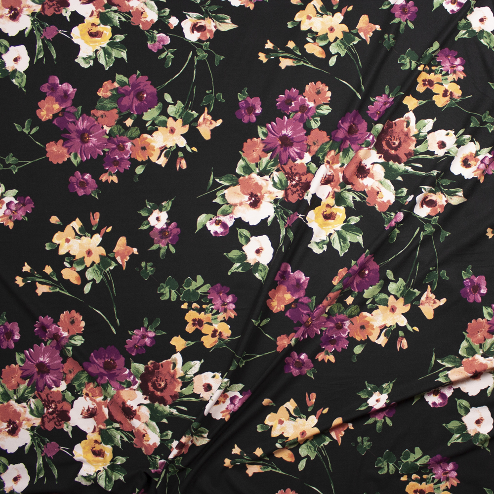 Plum, Sage, and Yellow Floral on Black Double Brushed Poly/Spandex Fabric By The Yard - Wide shot