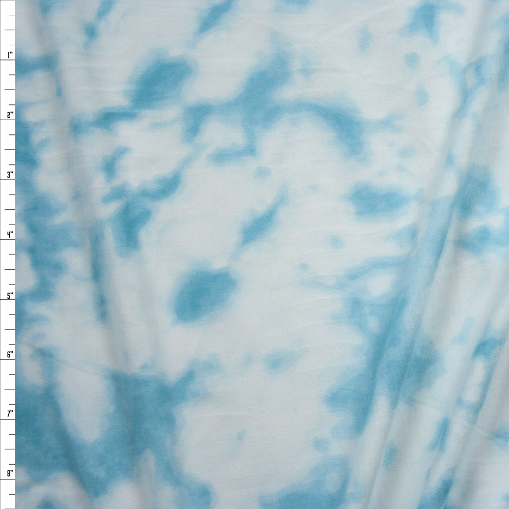 Aqua and White Tie Dye Double Brushed Poly/Spandex Fabric By The Yard