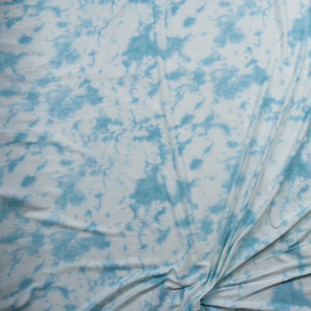 Aqua and White Tie Dye Double Brushed Poly/Spandex Fabric By The Yard - Wide shot