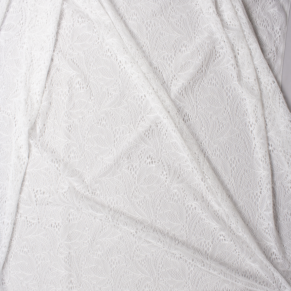 Warm White Scrolling Floral Stretch Lace Fabric By The Yard - Wide shot
