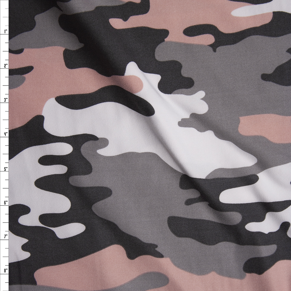 Blush, Grey, and White Camouflage Double Brushed Poly Spandex Fabric By The Yard