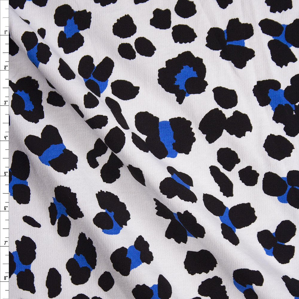 Black and Bright Blue Leopard Print on White Cotton French Terry Fabric By The Yard