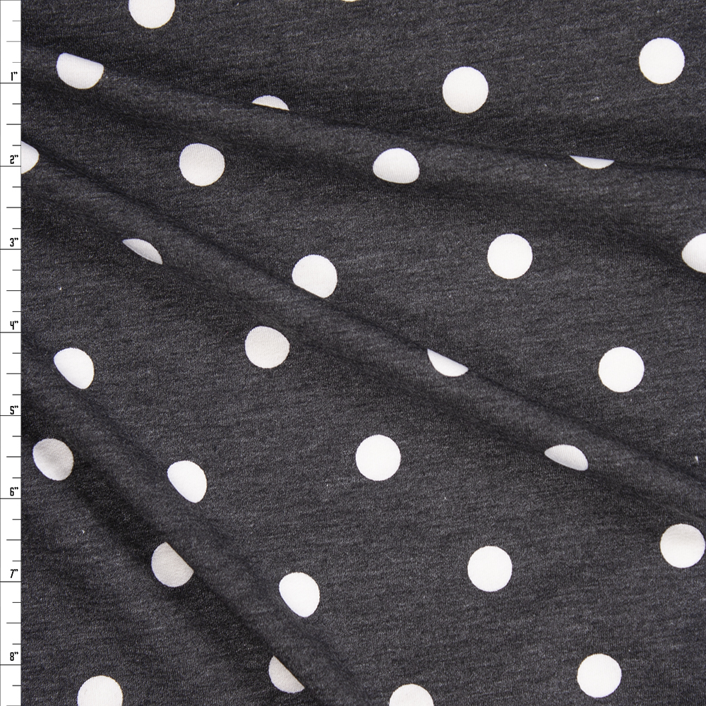 White Polka Dots on Charcoal Rayon Poly/Rayon French Terry Fabric By The Yard
