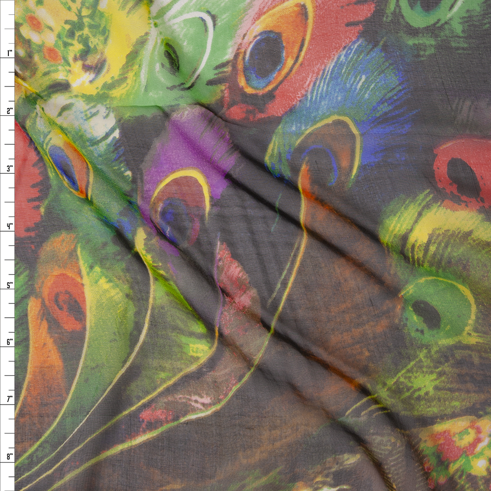 Vibrant Multicolor Peacock Abstract Print Designer Silk Chiffon Fabric By The Yard