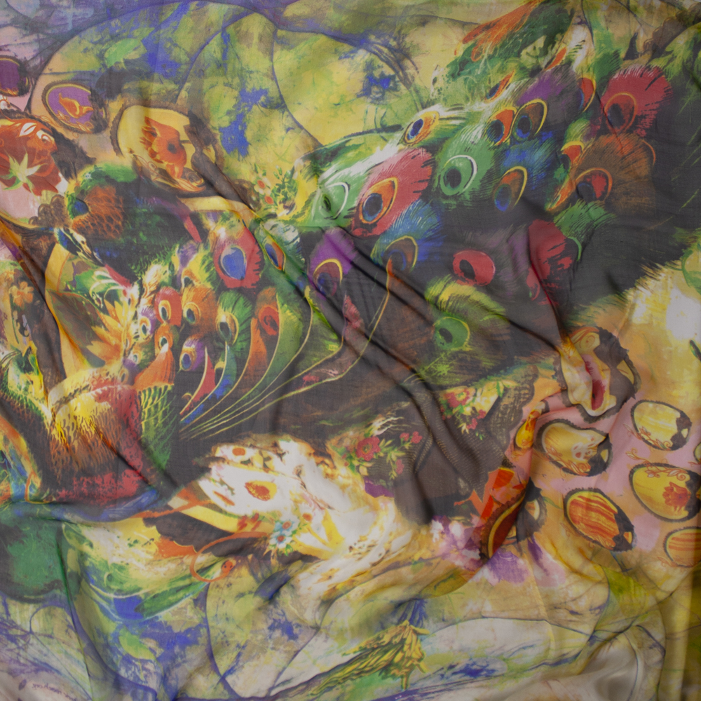 Vibrant Multicolor Peacock Abstract Print Designer Silk Chiffon Fabric By The Yard - Wide shot