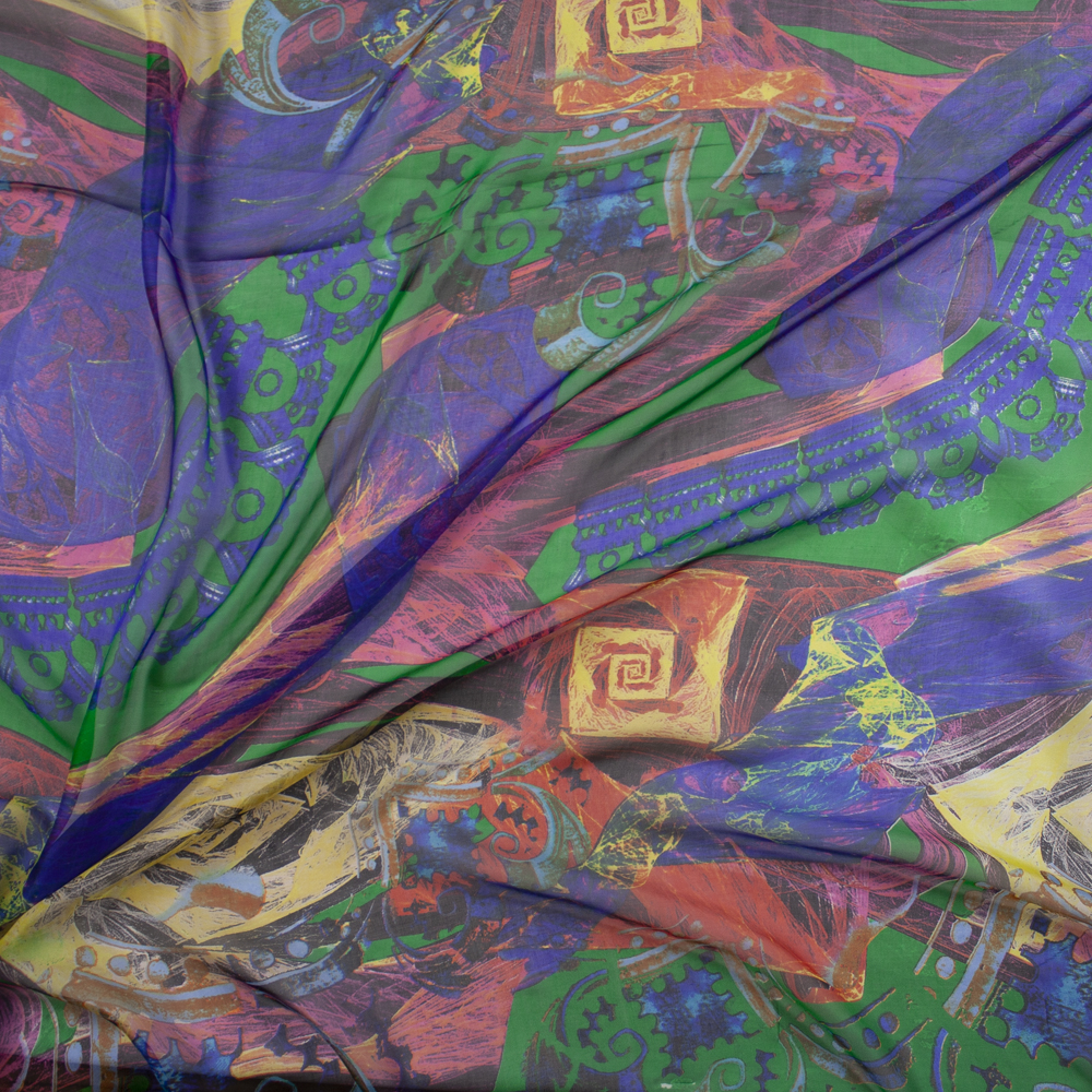 Multicolor Abstract on Green Designer Silk Chiffon Fabric By The Yard - Wide shot
