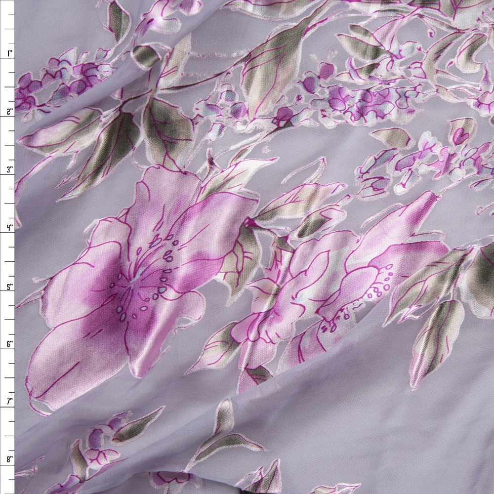 Designer Pink Floral on Light Grey Silk Burnout Fabric By The Yard