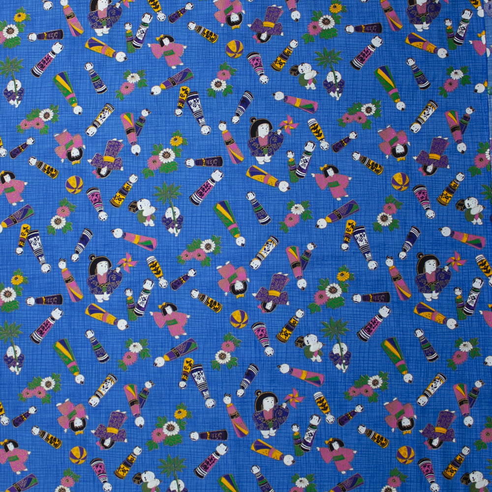 Traditional Japanese Toy Box Metallic on Blue Quilter's Cotton Print Fabric By The Yard - Wide shot