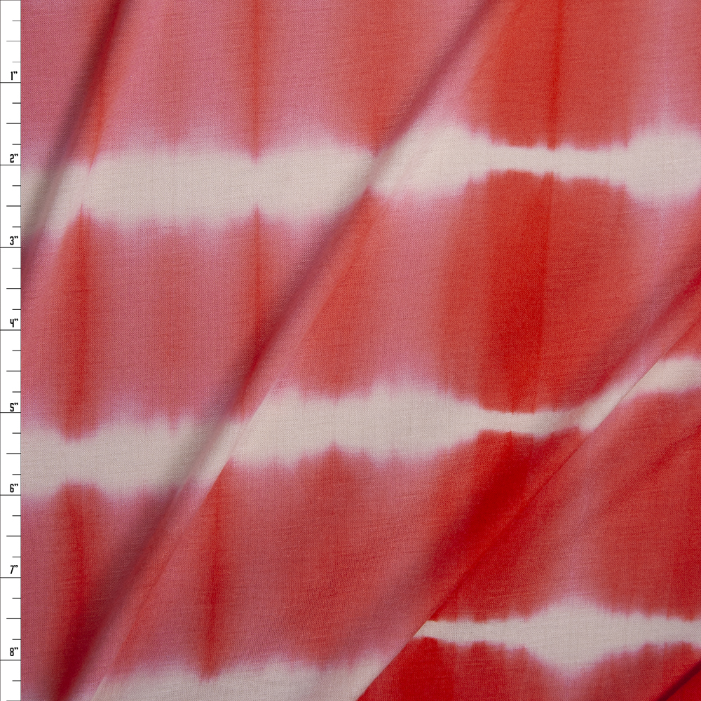 Coral and White Banded Tie Dye Stretch Rayon Jersey Fabric By The Yard