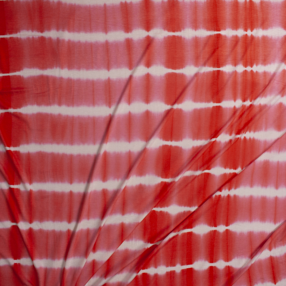 Coral and White Banded Tie Dye Stretch Rayon Jersey Fabric By The Yard - Wide shot