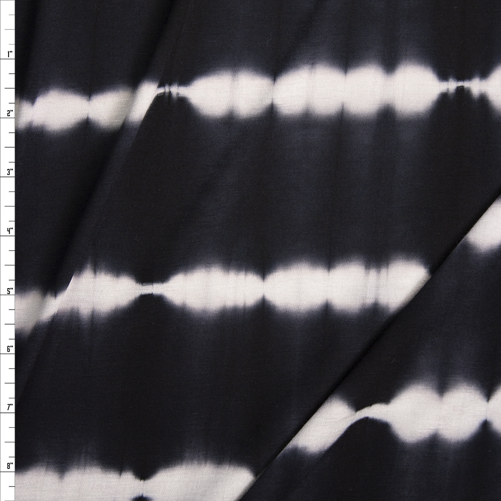 Black and White Banded Tie Dye Stretch Rayon Jersey Fabric By The Yard