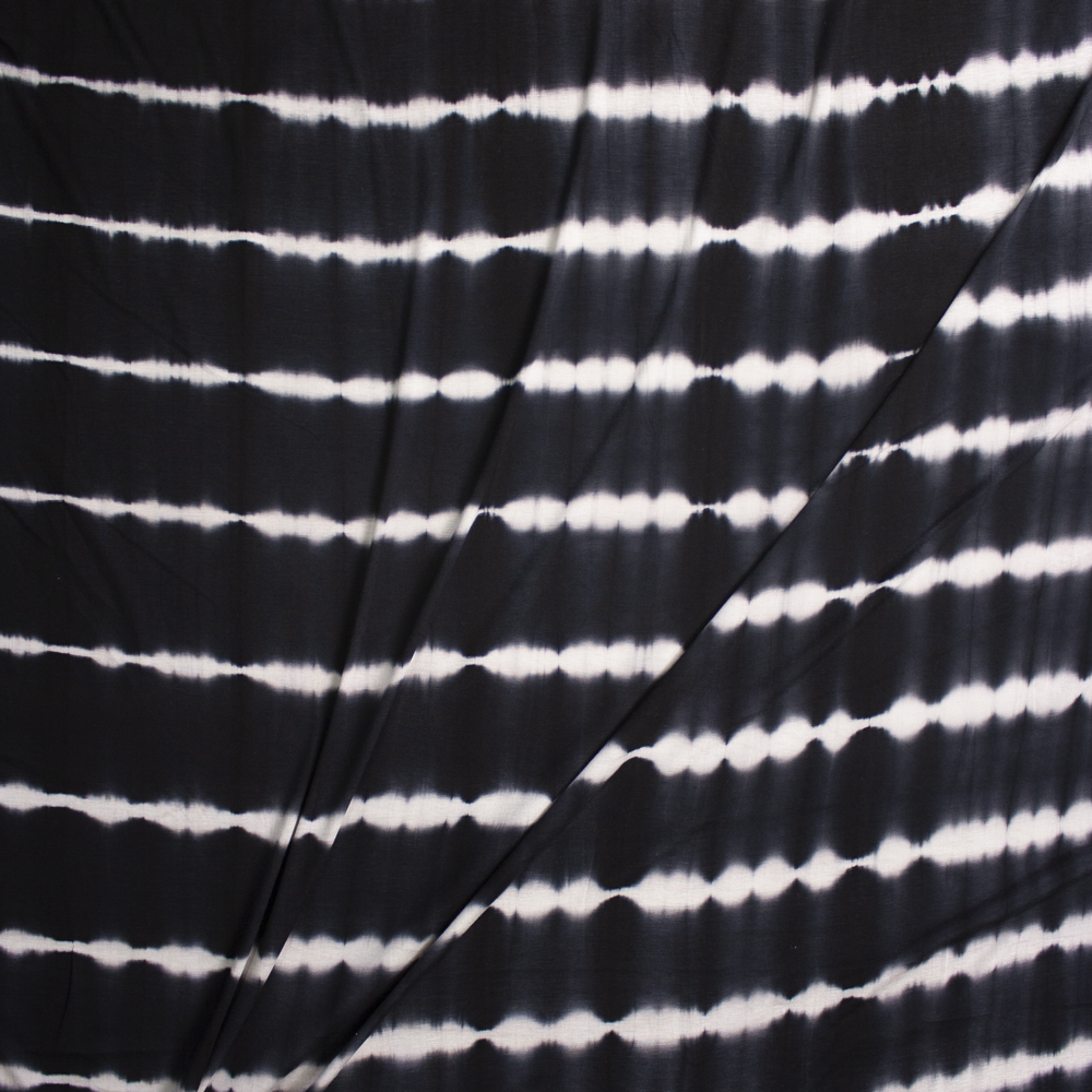 Black and White Banded Tie Dye Stretch Rayon Jersey Fabric By The Yard - Wide shot