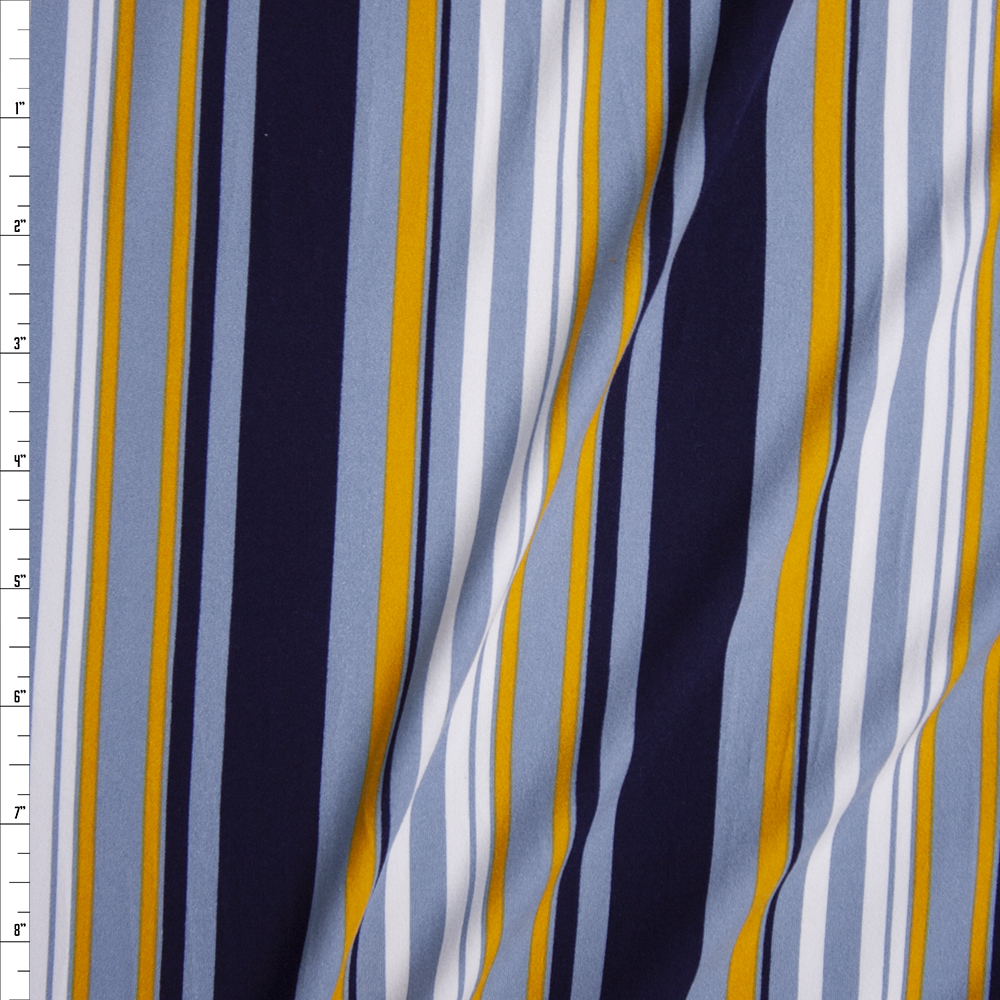 Blue, Yellow, and White Vertical Barcode Stripes Double Brushed Poly Fabric By The Yard