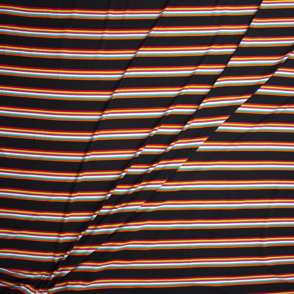 Bright Orange, Teal, White, Fuchsia, Lime, and Red Stripe on Black Double Brushed Poly Fabric By The Yard - Wide shot