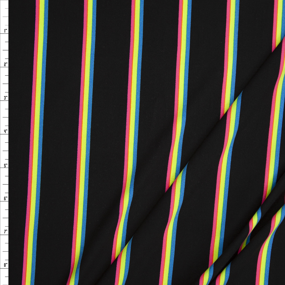 Neon Pink, Yellow, and Blue on Black Double Brushed Poly Fabric By The Yard