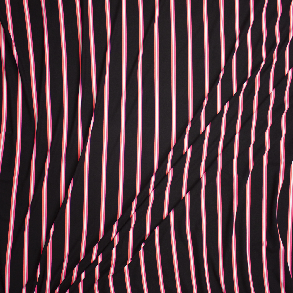 Neon Pink, White, and Orange Stripe on Black Double Brushed Poly Fabric By The Yard - Wide shot