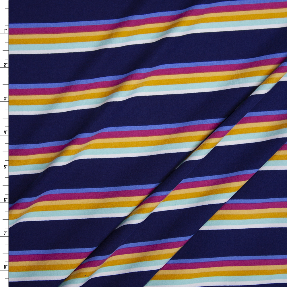 White, Mint, Mustard, Yellow, Fuchsia, and Periwinkle Stripe on Navy Double Brushed Poly Fabric By The Yard