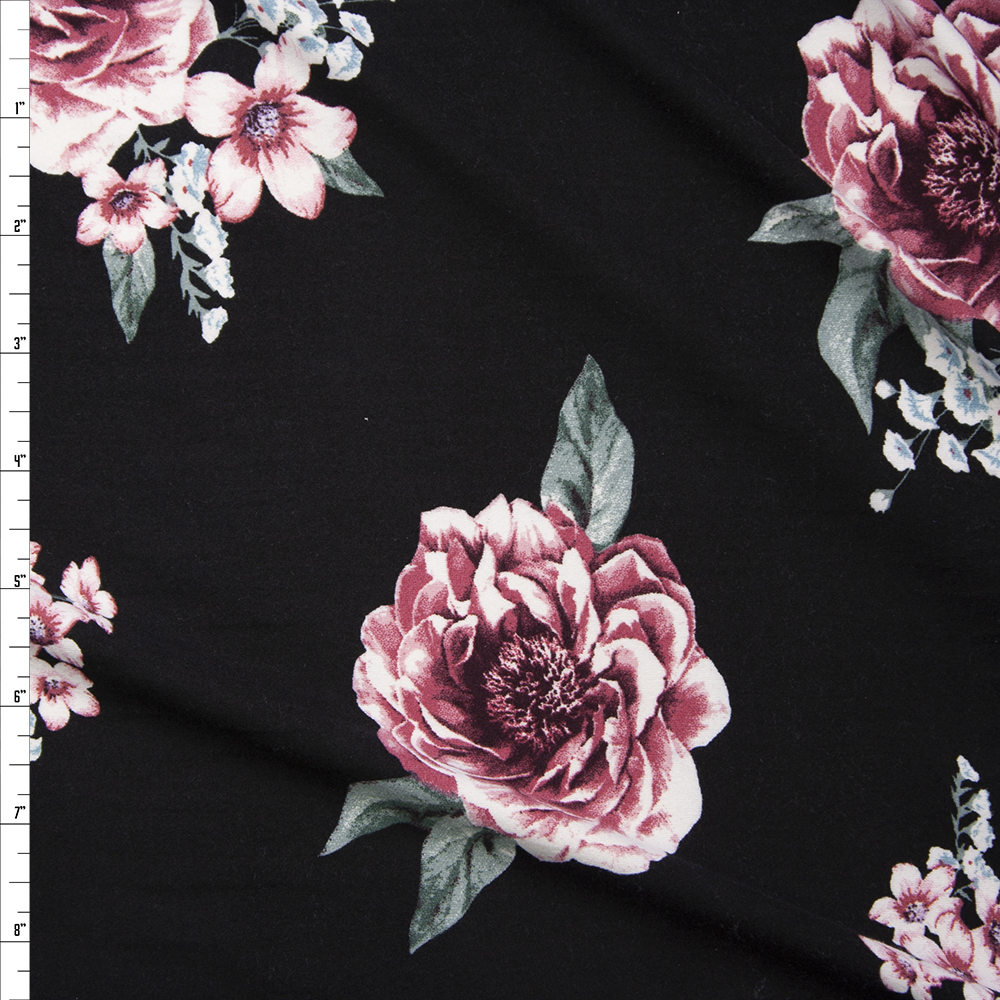Pink and Sage Rose Floral on Black Double Brushed Poly Fabric By The Yard