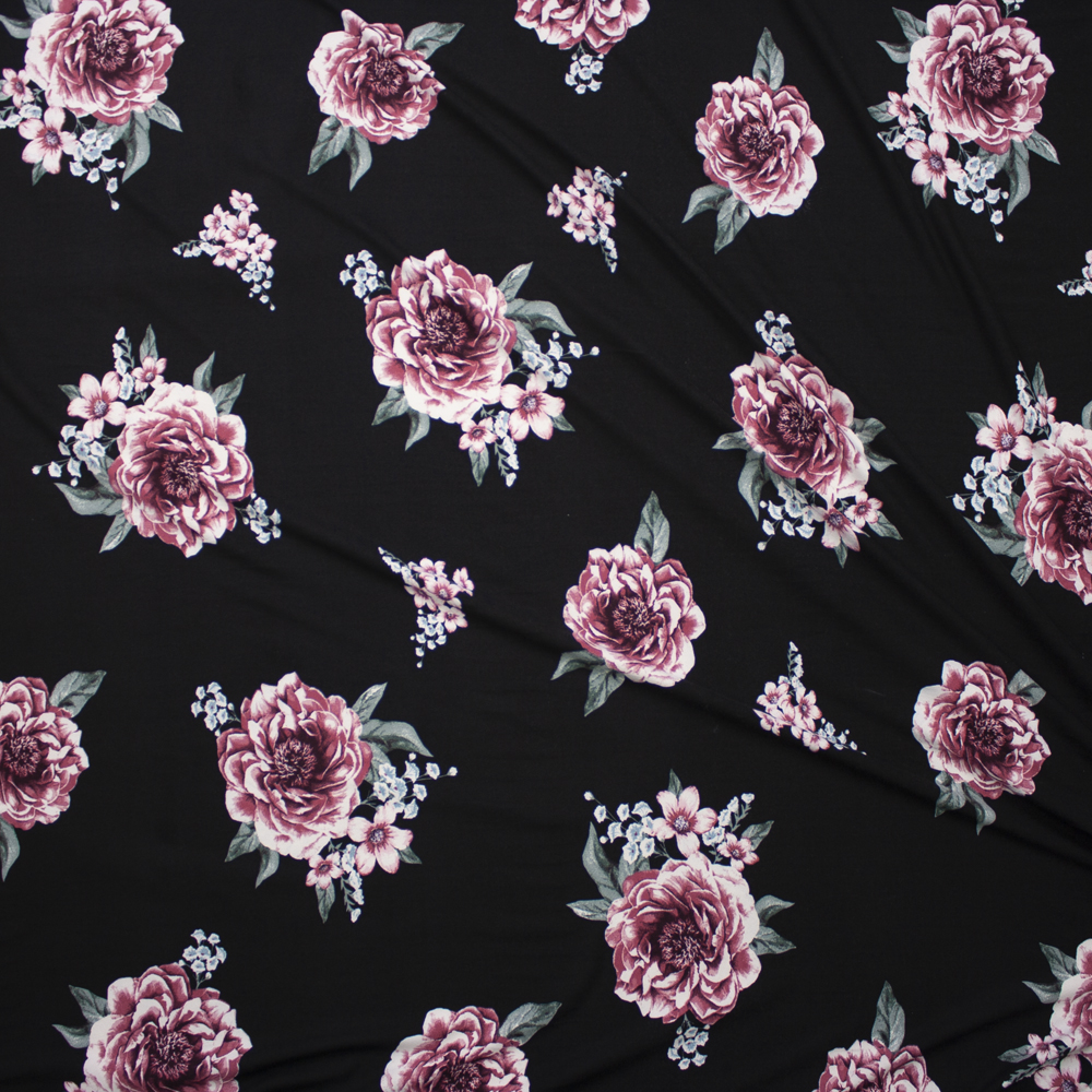 Pink and Sage Rose Floral on Black Double Brushed Poly Fabric By The Yard - Wide shot