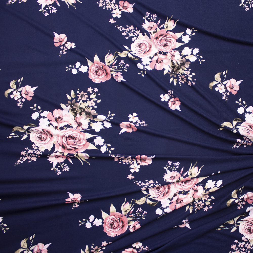 Pink and Tan Floral on Navy Blue Double Brushed Poly Fabric By The Yard - Wide shot