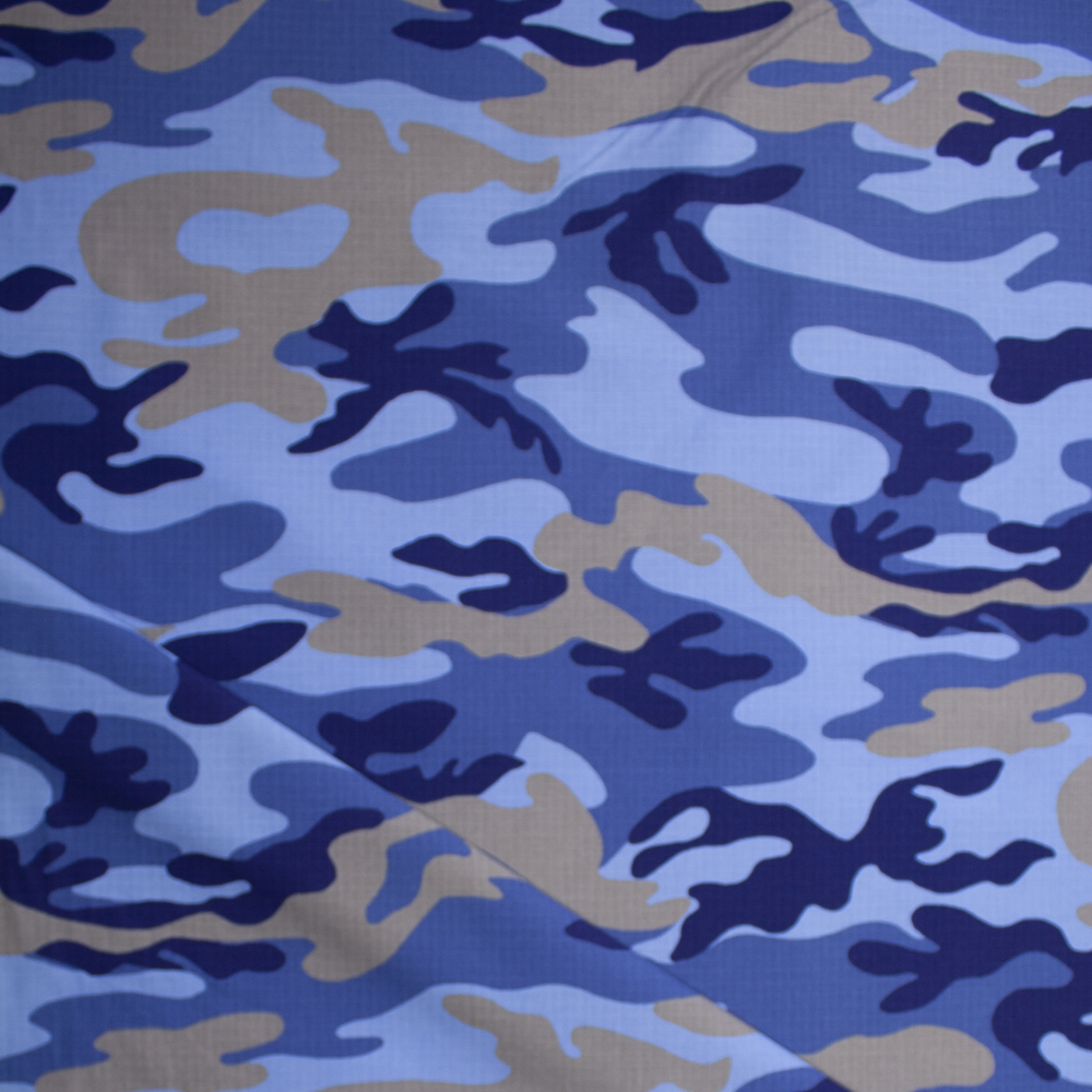 Blue and Tan Camouflage Cotton Ripstop Fabric By The Yard - Wide shot