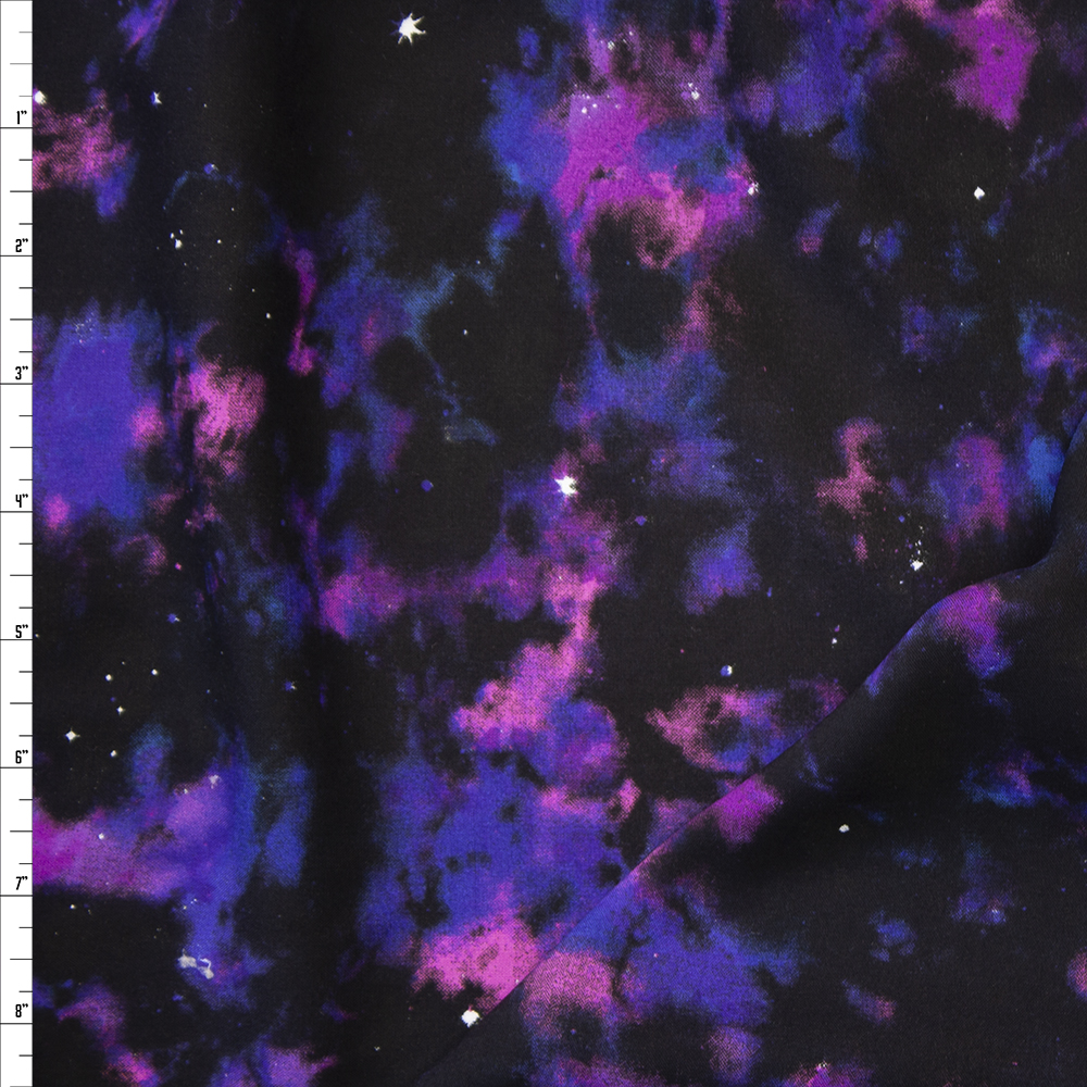 Purple and Black Blotch Galaxy Rayon Challis Fabric By The Yard