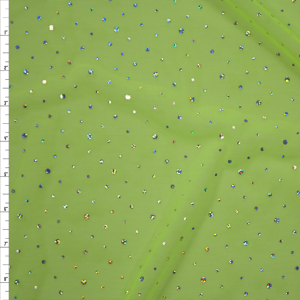 Silver Holographic Sequin on Neon Yellow Power Mesh Fabric By The Yard
