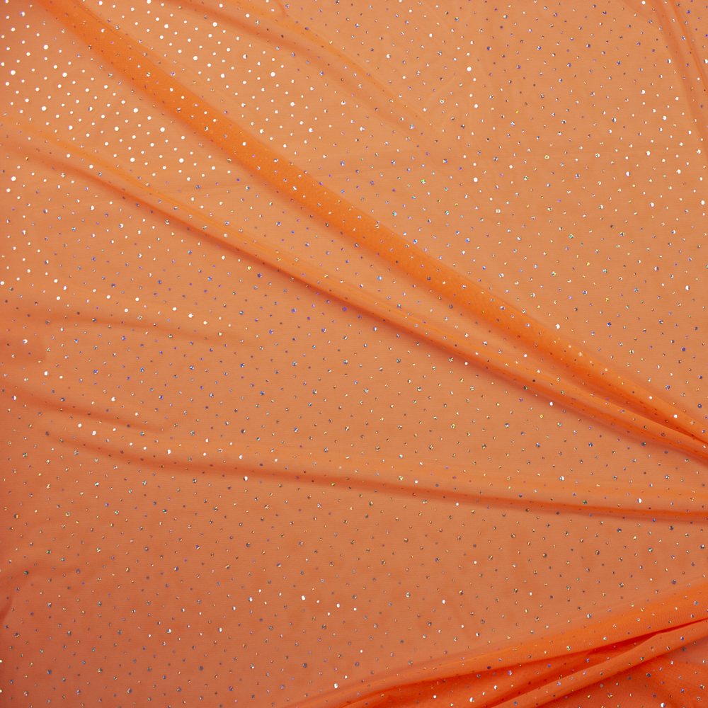 Silver Holographic Sequin on Neon Orange Power Mesh Fabric By The Yard - Wide shot