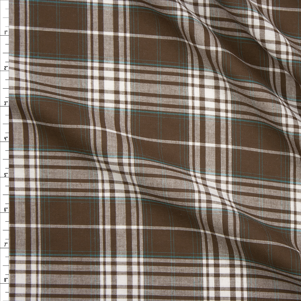 Brown, White, and Teal Plaid Lightweight Cotton Shirting Fabric By The Yard