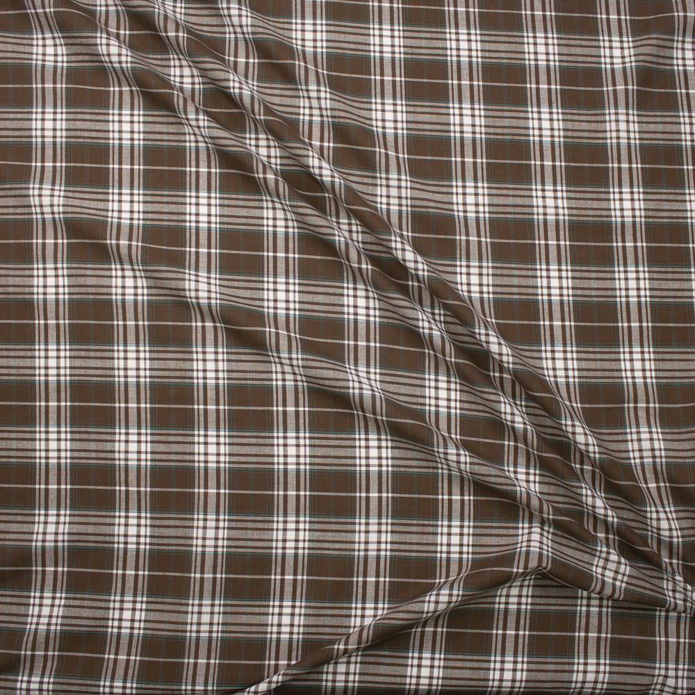 Brown, White, and Teal Plaid Lightweight Cotton Shirting Fabric By The Yard - Wide shot