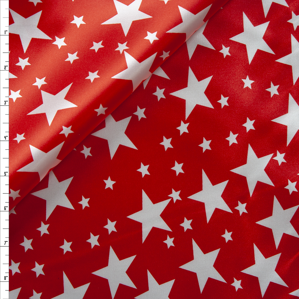 White on Red Stars Lightweight Charmeuse Satin Fabric By The Yard