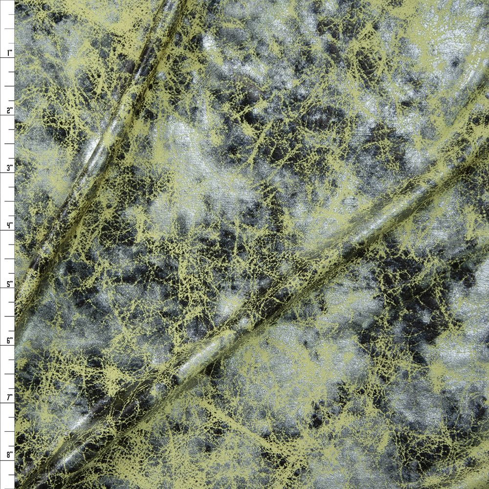 Silver and Black Grunge on Light Yellow Metallic Spandex Knit Fabric By The Yard