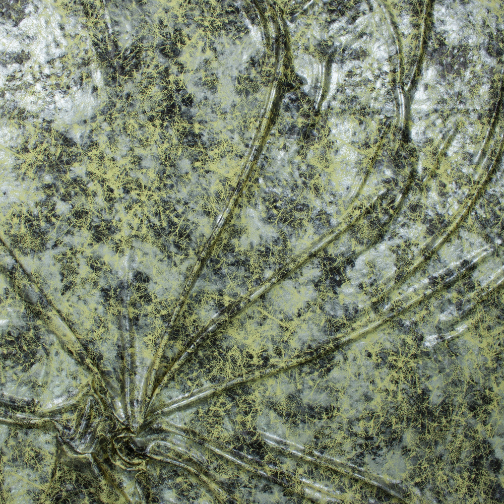 Silver and Black Grunge on Light Yellow Metallic Spandex Knit Fabric By The Yard - Wide shot