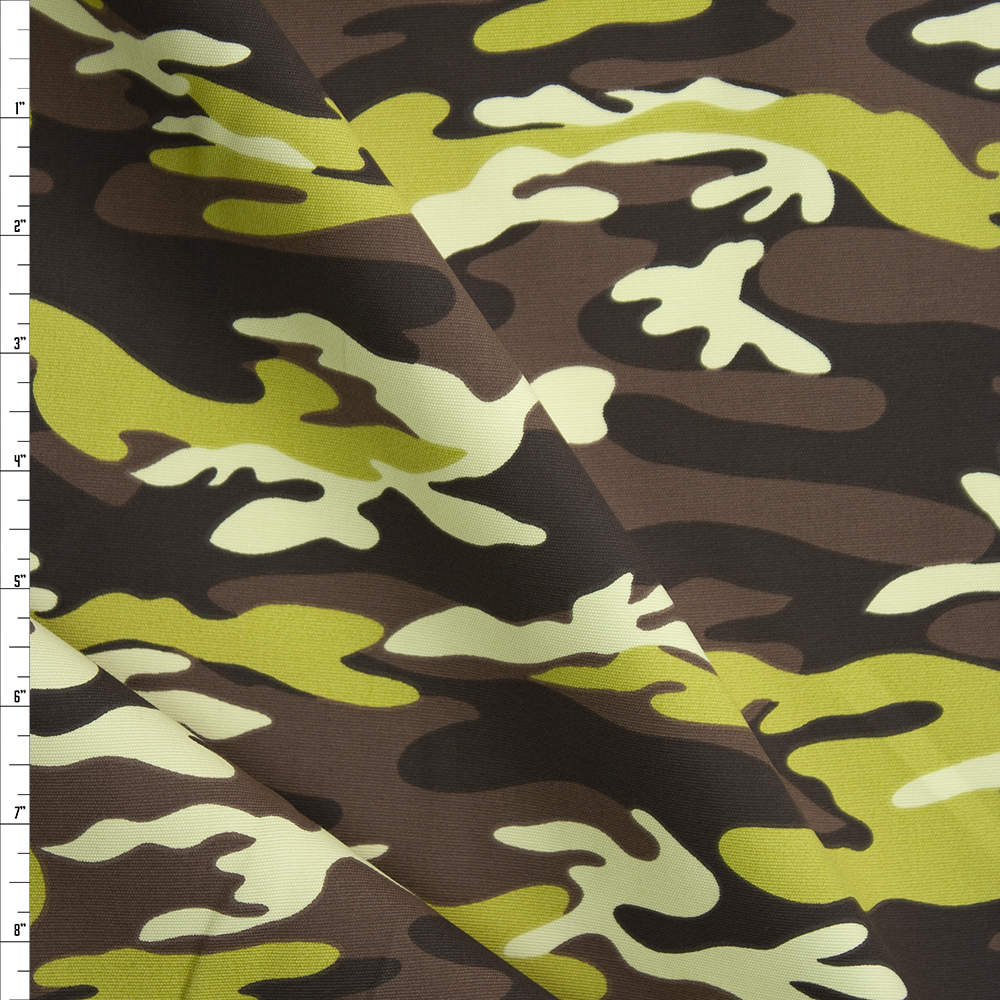 Lime, Brown, and Tan Camouflage Midweight Cotton Canvas Fabric By The Yard