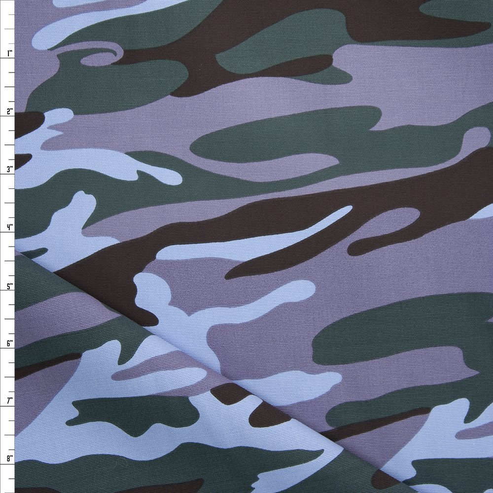 Forest, Light Blue, Dusty Lavender, and Brown Camouflage Midweight Cotton Canvas Fabric By The Yard