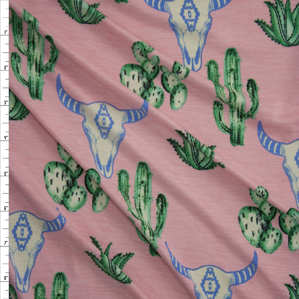 Cactus and Bull Skulls on Pink Lightweight Stretch Poly/Spandex Knit Fabric By The Yard