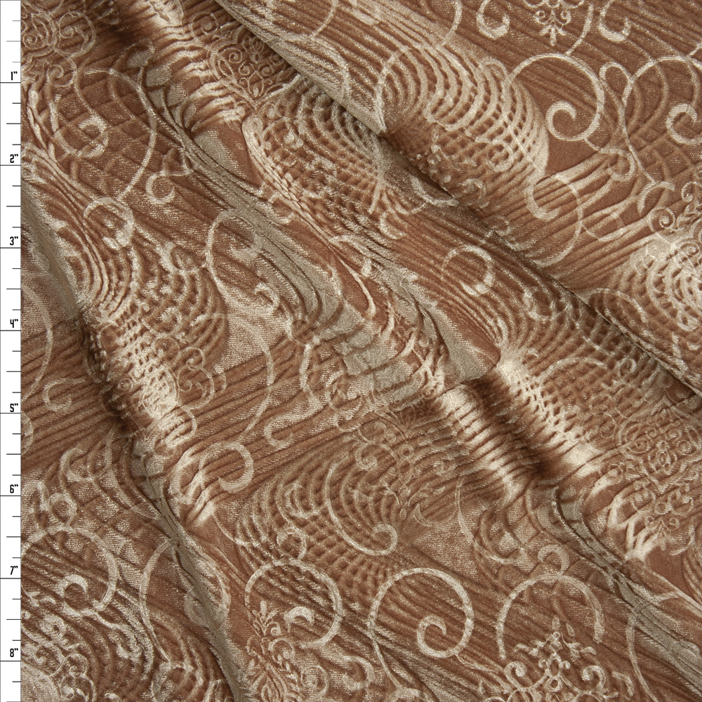 Gold Layered Swirls Embossed Stretch Velvet Fabric By The Yard
