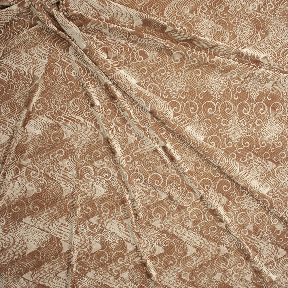 Gold Layered Swirls Embossed Stretch Velvet Fabric By The Yard - Wide shot