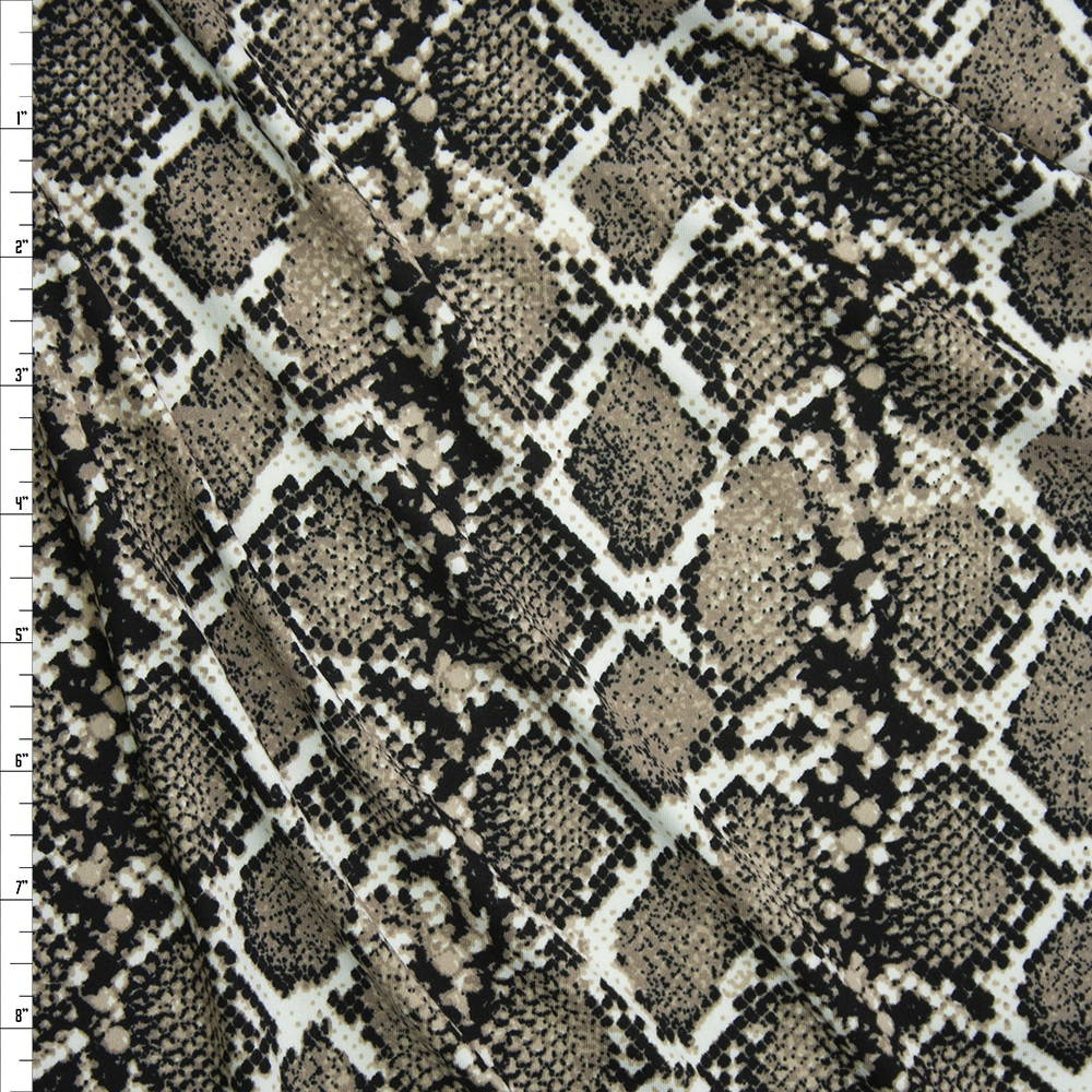 Tan, Black, and Ivory Snakeskin Double Brushed Poly  Fabric By The Yard