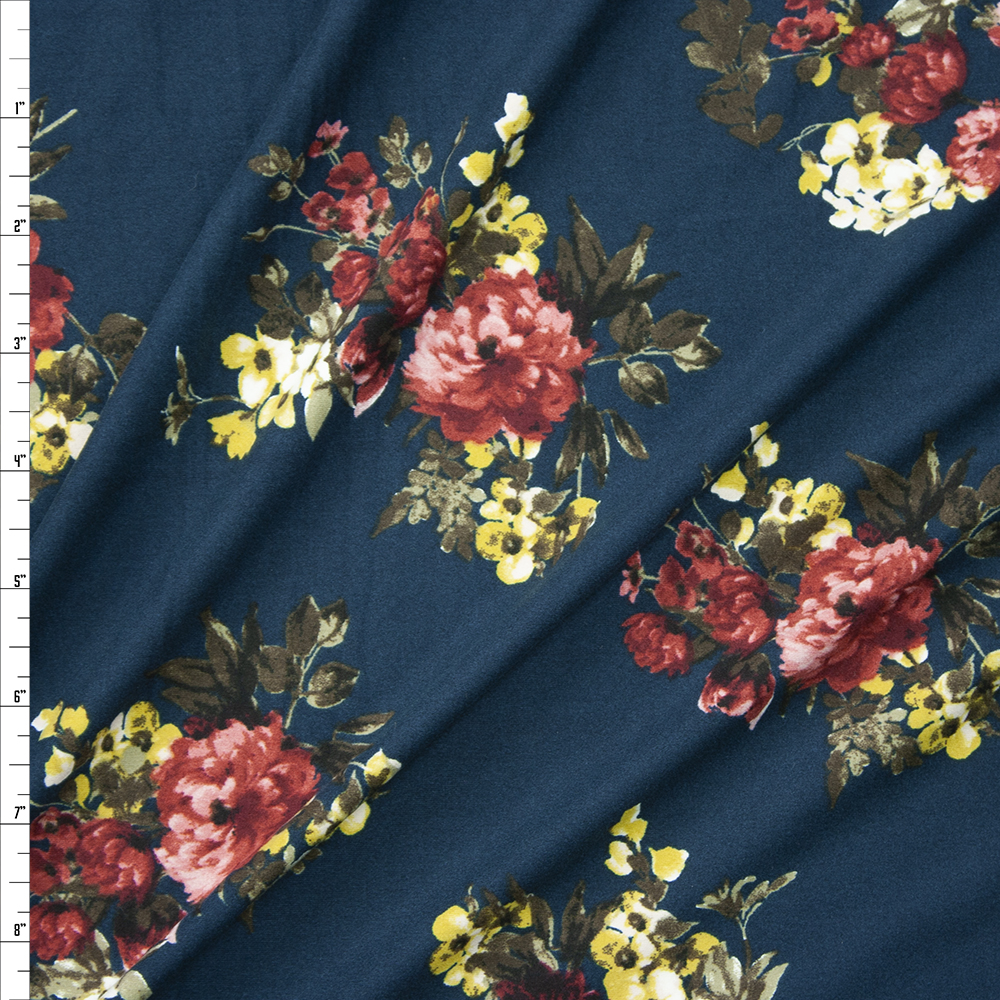 Wine and Yellow Floral on Teal Double Brushed Poly  Fabric By The Yard