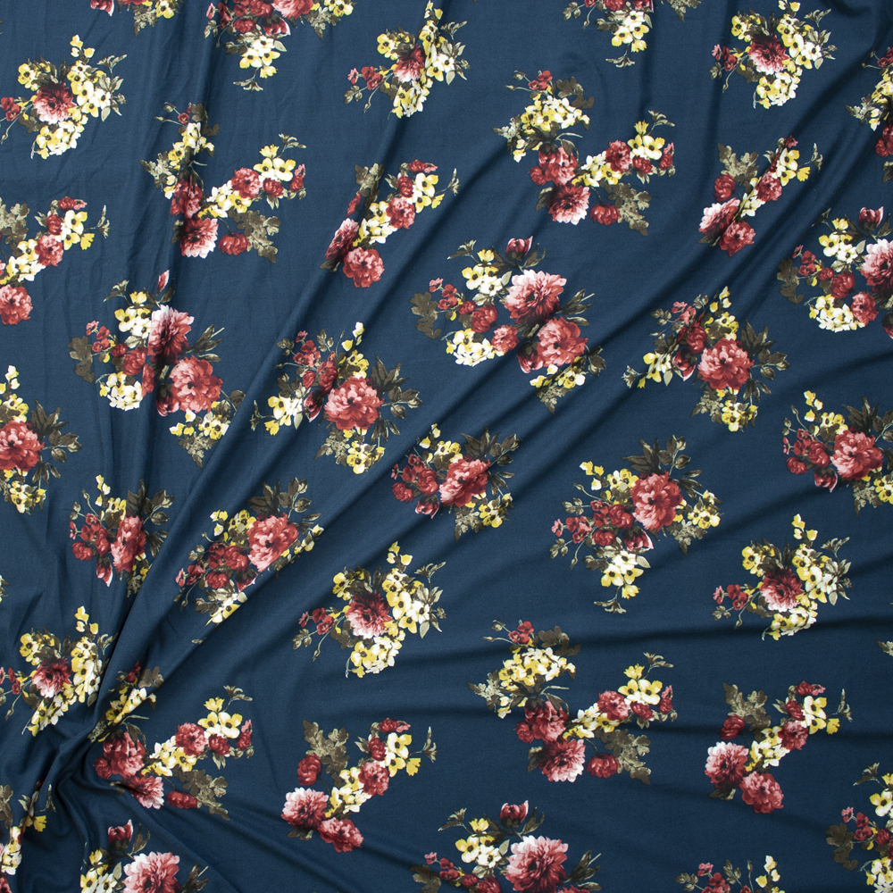 Wine and Yellow Floral on Teal Double Brushed Poly  Fabric By The Yard - Wide shot