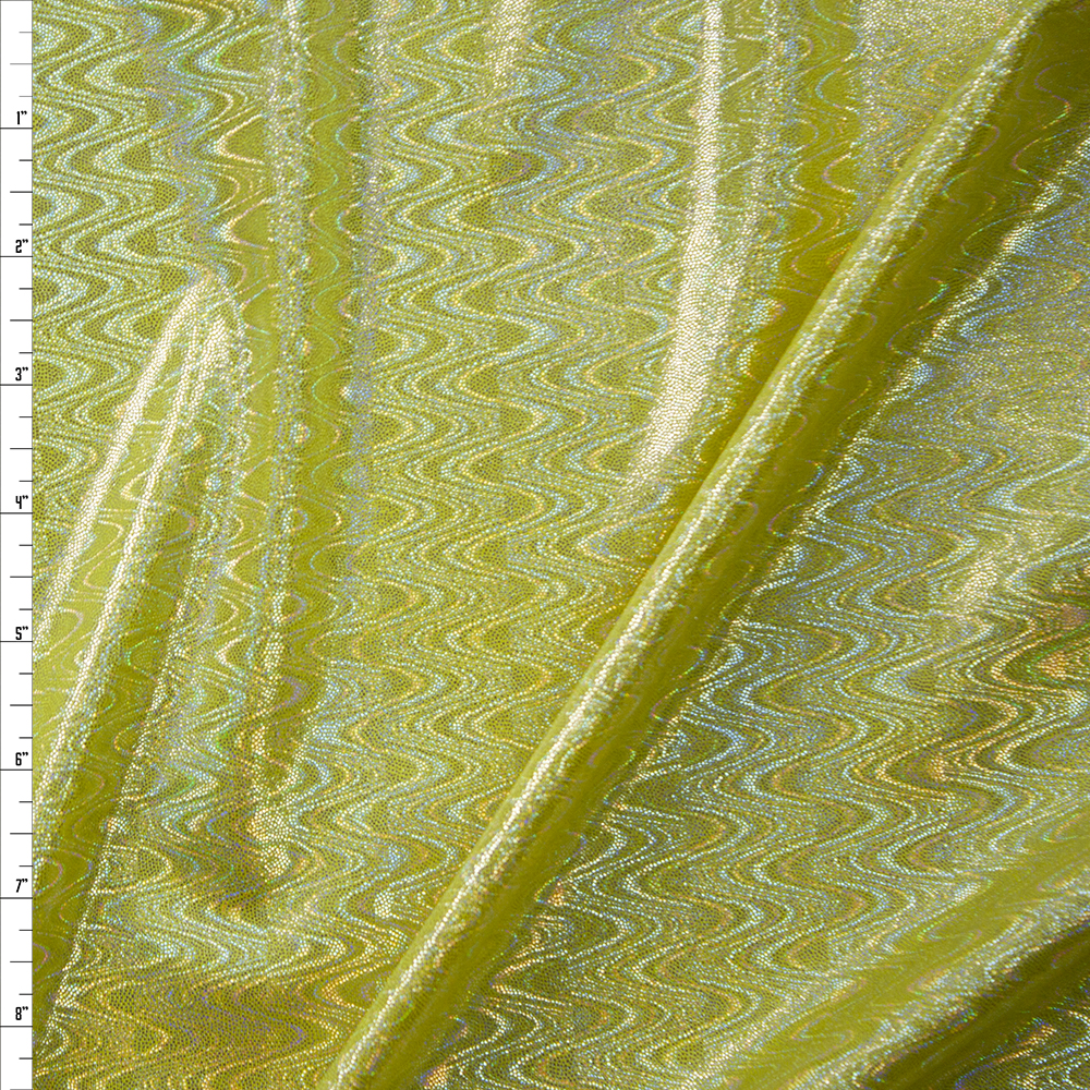 Iridescent Silver Waves on Bright Yellow Nylon/Spandex Fabric By The Yard